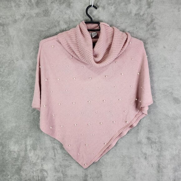 Womens Pink Le Moda Poncho Sweater Pearl Embellished Cowl Neck V Taper One Size - Picture 2 of 7